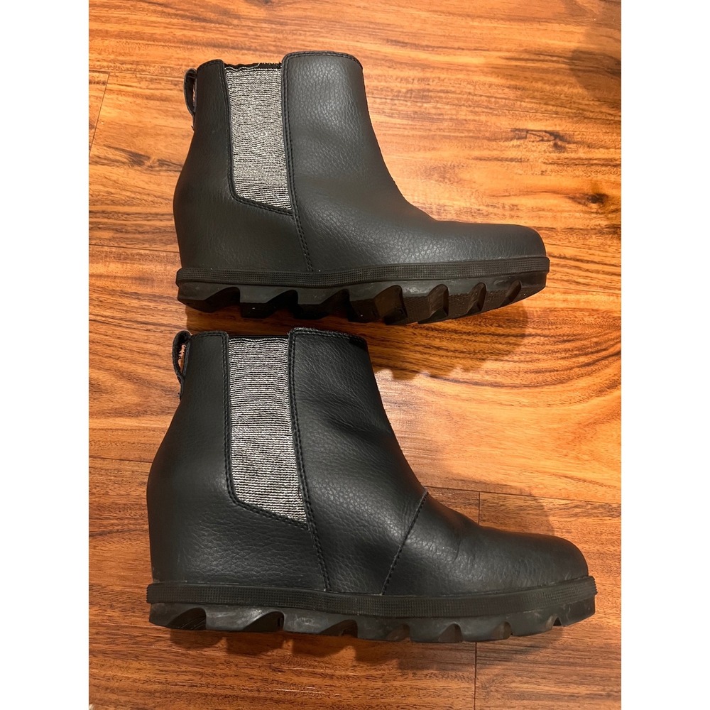 SOREL Joan of Arctic Wedge II Chelsea Boots Women 5 Black Leather Metallic Gore